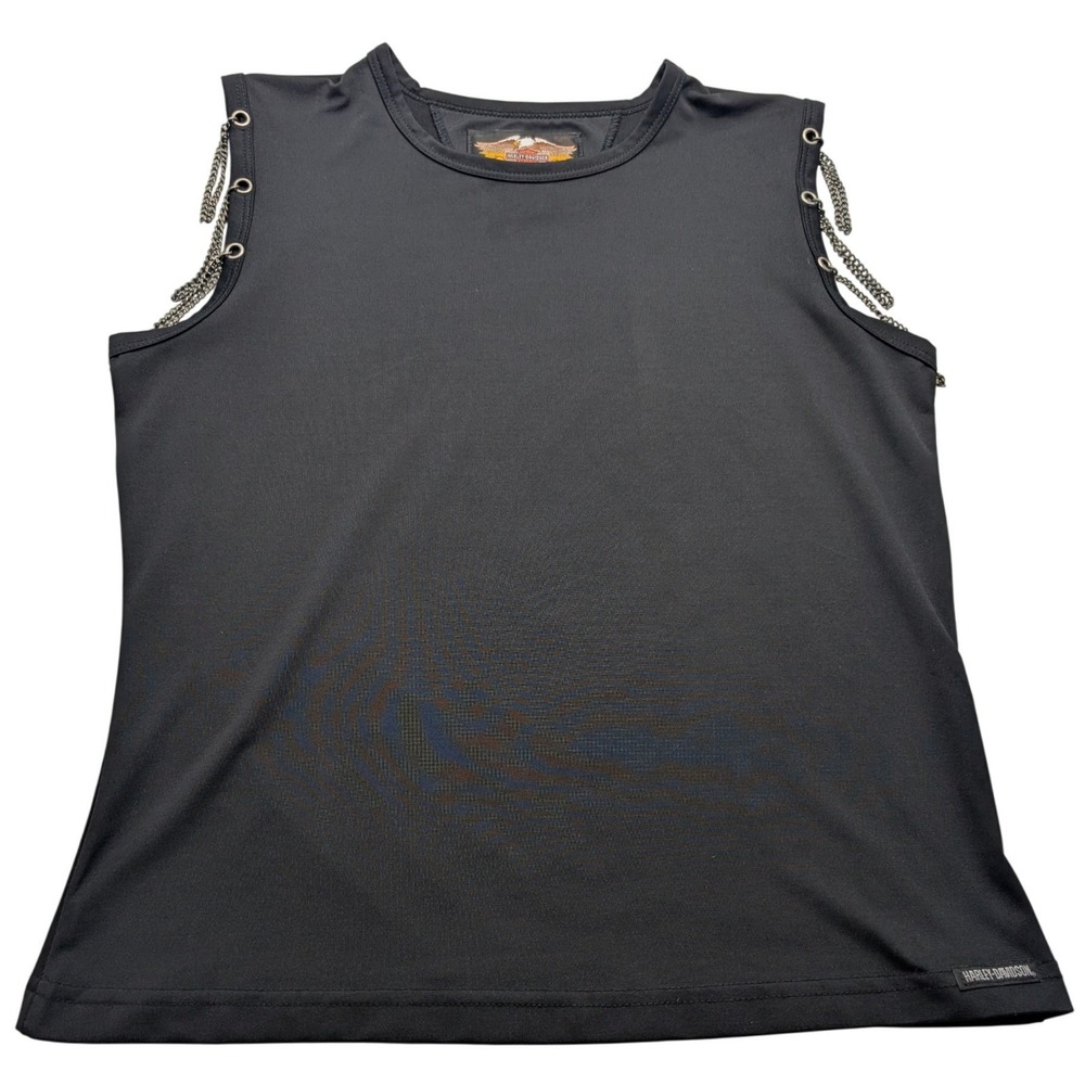Harley-Davidson Sleeveless‎ Top Womens Large USA Made Black Chain Detail Biker